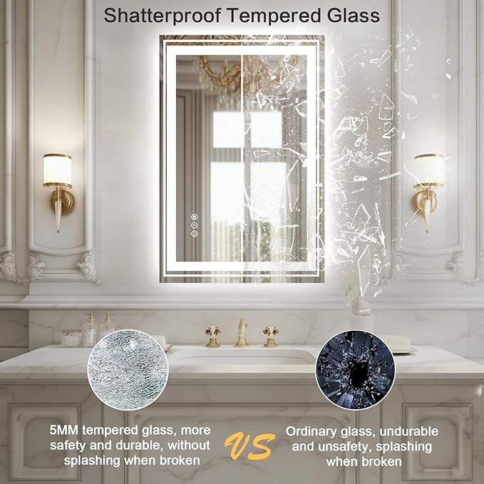 WTTY LED Bathroom Mirror 28"x36" with Backlit and Front Light,Stepless Dimmable LED Mirror for Bathroom,Anti-Fog Lighted Bathroom Vanity Mirror Modern,Memory Function,Shatter-Proof