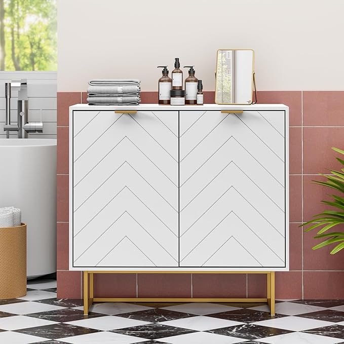 Scurrty Set of 2 31.5'' Sideboard Buffet Cabinet with Storage, Top Weight Capacity 150lbs Sideboard Storage with Doors and Adjustable Shelf, Accent Cabinet for Living Room, Kitchen, White