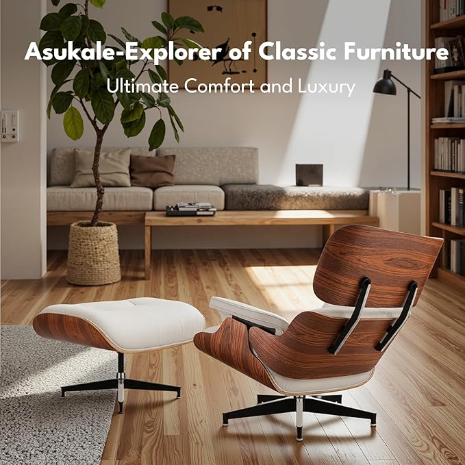 Top Grain Leather, Mid Century Chaise Lounge Chair and Ottoman, Modern Chair Classic Design, Heavy Duty Base Support for Living Room Study Lounge Office, Palisander-White