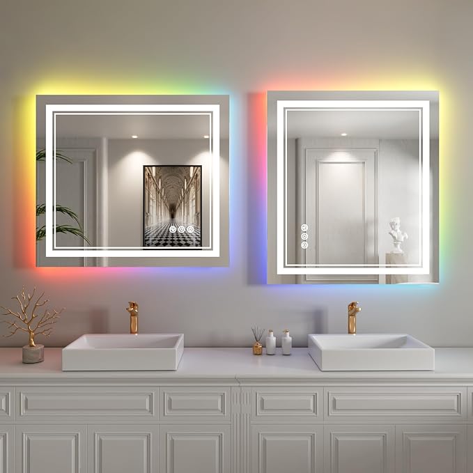 32x36 inch LED Bathroom Mirror with RGB Lights Color Changing Backlit Mirror Shatterproof Dimmable Anti-Fog Lighted Vanity Mirror (RGB Multicolor Backlit + Adjustable Front-Lighted)