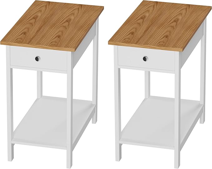 Side Table Set - Small Nightstand Set of 2 with Drawer and Open Storage Shelf - Traditional Style Bedroom or Living Room Furniture - Use as Bedside Tables or End Tables by Lavish Home (White)