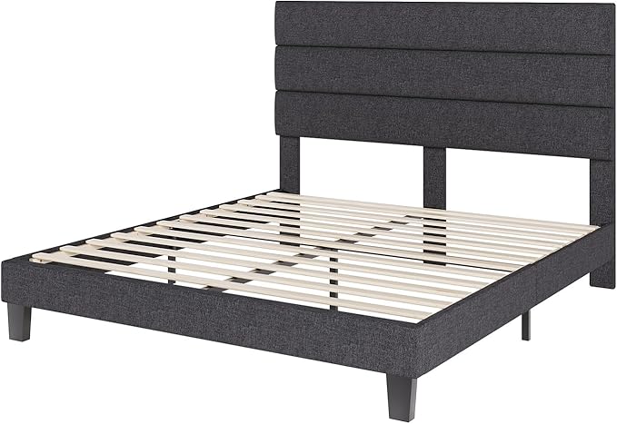 AMERLIFE Full Size Bed Frame with Linen Upholstered Headboard, Modern Platform Bed with Wooden Slats Support, Noise-Free, No Box Spring Needed, Easy Assembly, Grey
