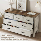 LYNSOM Farmhouse 7 Drawers Dresser for Bedroom, Wood Rustic Wide Chest of Drawers with Deep Drawers, Metal Handle, Storage Dressers Organizer for Entryway, Hallway, Antique White