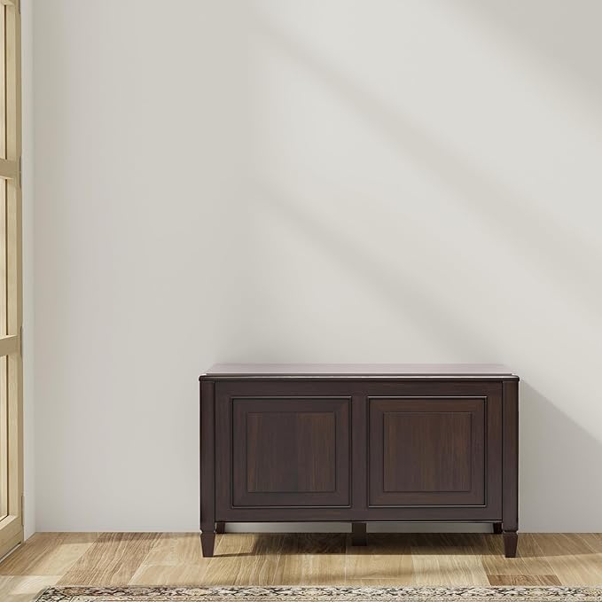 SIMPLIHOME Connaught Entryway Storage Bench - 36 inch Wide Solid Wood Small Storage Trunk Seat in Chestnut Brown, Traditional Bench for Entryway or Living Room with Lift-Up Lid and Paneled Front