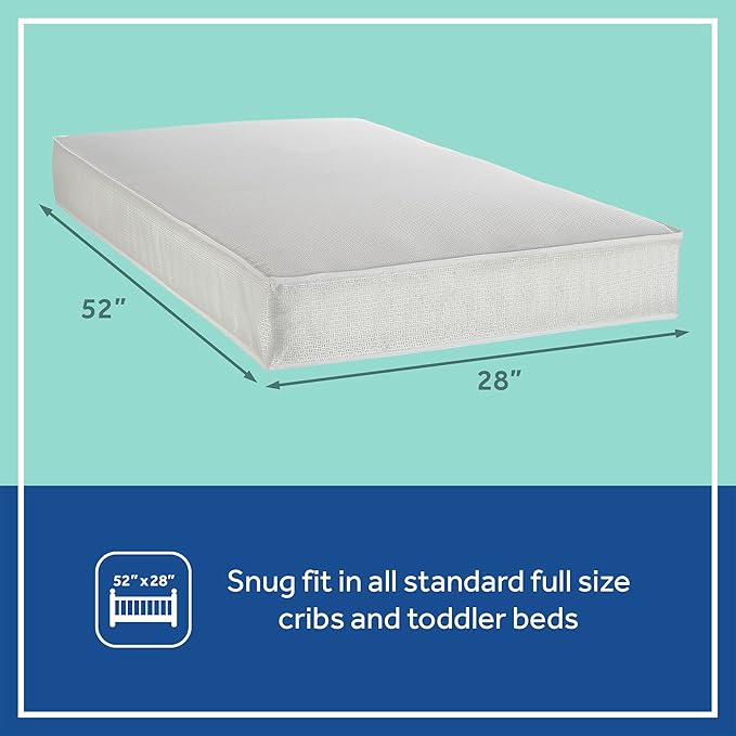 Sealy Baby Cozy Cool Hybrid Breathable Crib Mattress, GREENGUARD GOLD Certified, Made in USA, Cooling Foam, 2 Stage, Toddler Bed Fit, 204 Coils & Cotton Cover, Safety & Quality Tested, 52x28"