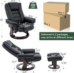 Swivel Recliner Chair with Ottoman, Adjustable PU Leather Recliner with Wood Base, Thick Padded Cushion, Modern Reclining Chair & Ottoman Set for Living Room, Bedroom, Office, Small Spaces (Black)
