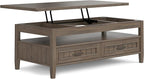 SIMPLIHOME Lev Lift Top Coffee Table - 48 inch Wide Solid Wood Rectangle Living Room Table in Smoky Brown, Transitional Cocktail Table for Family Room with Hidden Storage and Open Shelf