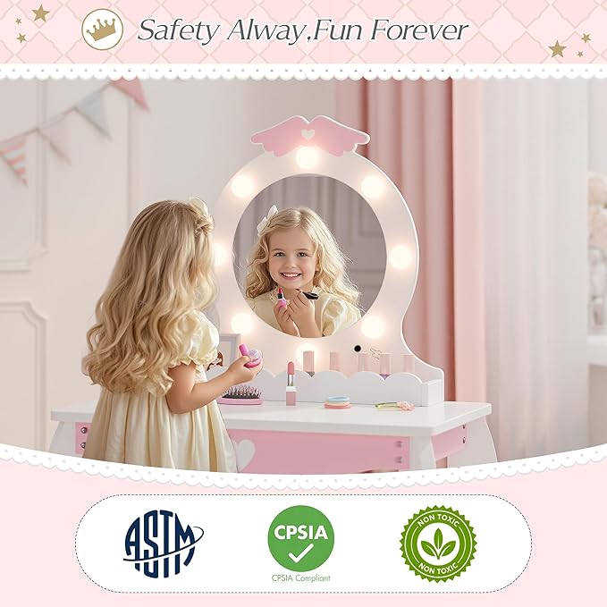 MU Kids Vanity Set with Lighted Mirror and Stool, Kids Make Up Vanity Desk with Storage Space, Wing Pattern for Little Girls, Toddler Princess Makeup Dressing Table with Chair Set, White
