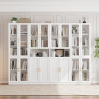 VOWNER Bookcase with Glass Doors & Drawers, 5 Tier Bookshelf with Adjustable Shelf, Modern Large Storage Display Cabinet Set for Home Office, Living Room, White (CDDC)