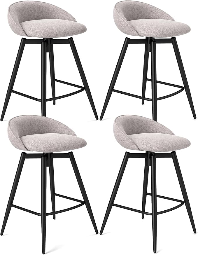 COSTWAY Bar Stools Set of 4, 25" Upholstered Counter Height 360° Swivel Bar Stools w/Backrest & Footrest, Heavy-Duty Metal Frame Armless Breakfast Chairs for Kitchen, Living Room (Set of 4,Grey)