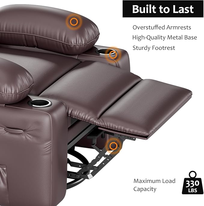 27" Oversized Power Recliner Chair, Faux Leather Rocking Chair with Heat & Massage, 360° Swivel Modern Electric Recliner with Cup Holder ＆ USB Charging for Living Room, Bedroom, Nursery - Coffee