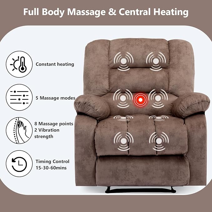 ANJHOME Massage Recliner Chairs with Heat and Vibration,Overstuffed Manual Rocking Reclining Chair for Living Room Bedroom (Camel)