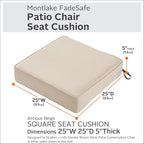Classic Accessories Montlake Water-Resistant 25 x 25 x 5 Inch Outdoor Seat Cushion, Durable Patio Furniture Cushion with Straps,Antique Beige, Outdoor Cushion Cover