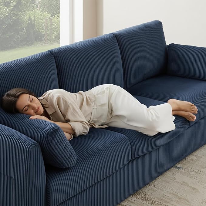 79" 3 Seater Couches for Living Room, Modern Corduroy Sofa with 2 Pillows and Storage Pockets, Comfy Small Couches for Apartment, Small Spaces, Home Office, Navy Blue