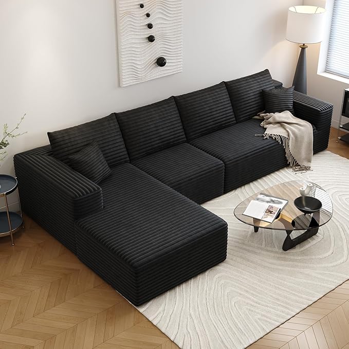135.4" Cloud Sectional Couch with L-Shape Chaise,Modern Modular Sofa with Deep Seat, Upholstered Couches for Living Room Bedroom Apartments,No Assembly Required, (Black,Left Facing Chaise)