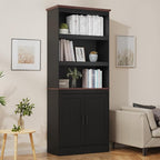 MHOM 71" Tall Bookshelf with Doors, 5 Tiers Farmhouse Bookcase with Adjustable Shelves, Wooden Rustic Display Cabinet for Home Office, Living Room, Black