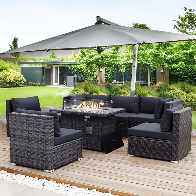 NICESOUL 29.3'' High Back Outdoor Patio Sectional Furniture Sofa Set with Fire Pit Table Natural Gas/Propane, 7 Piece Luxury Extra-Large Wicker Conversation, Deep Wide Couches for Backyard, Dark Gray