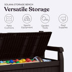 Keter Solana 70 Gallon Storage Bench Deck Box for Patio Furniture, Front Porch Decor and Outdoor Seating – Perfect to Store Garden Tools, Brown/Brown