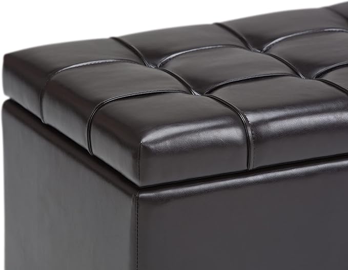 SIMPLIHOME Sienna 33 inch Wide Transitional Rectangle Storage Ottoman Bench in Tanners Brown Vegan Faux Leather, Assembled, For the Living Room, Entryway and Family Room