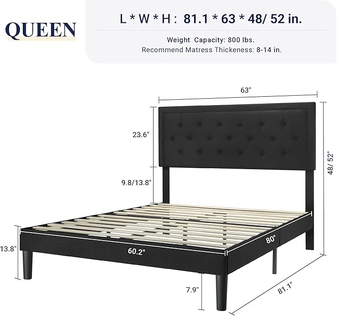 Allewie Queen Size Upholstered Platform Bed Frame with Adjustable Headboard, Button Tufted, Wood Slat Support, Easy Assembly, Black