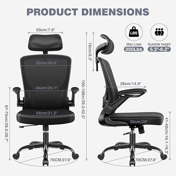 Ergonomic Office Chair, High Back Mesh Desk Chair with Lumbar Support, Flip-up Armrests, Adjustable Headrest, Computer Gaming Chairs for Long Hours, Black