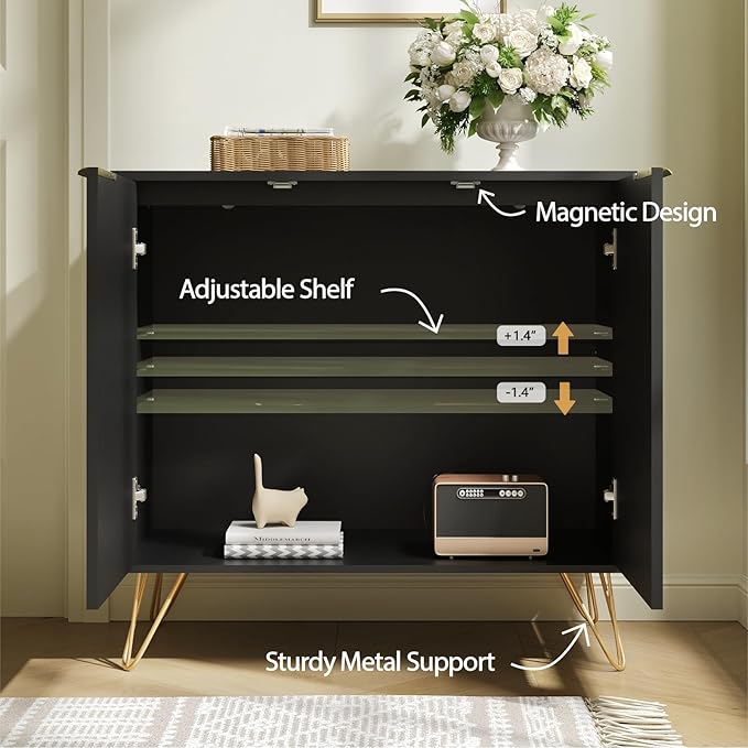 Fluted Storage Cabinet, Set of 3, Sideboard Buffet Cabinet, Modern Wood Accent Cabinet with Adjustable Shelves, Console Table for Living Room, Hallway, Entryway, Black