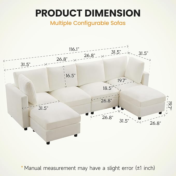 4-Seater Modular Sectional Cloud Sofa with 2 Ottomans, U-Shaped Couch for Living Room, Modern Deep Seat Sofa with Soft Back Cushions, Chenille Beige