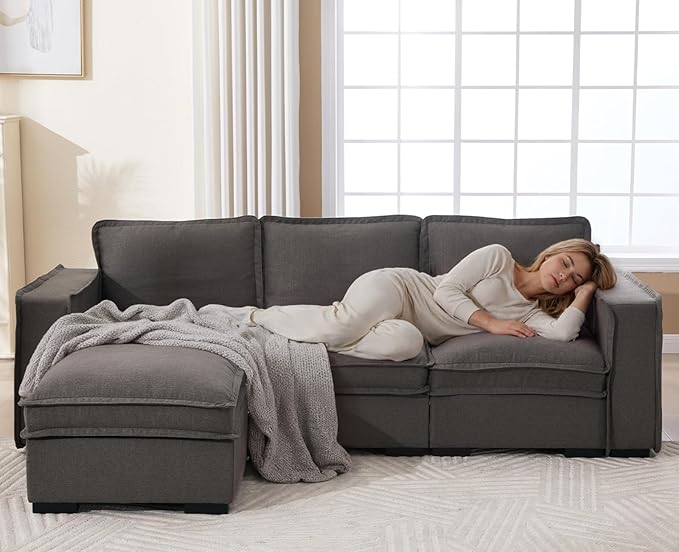 EALSON 93" Modular Sectional Sofa Comfy Cloud Couch with Ottoman Modern Convertible L Shape Couches with Wooden Legs Linen Deep Seat Couch 4-Seater Sofa for Living Room/Apartment, Grey