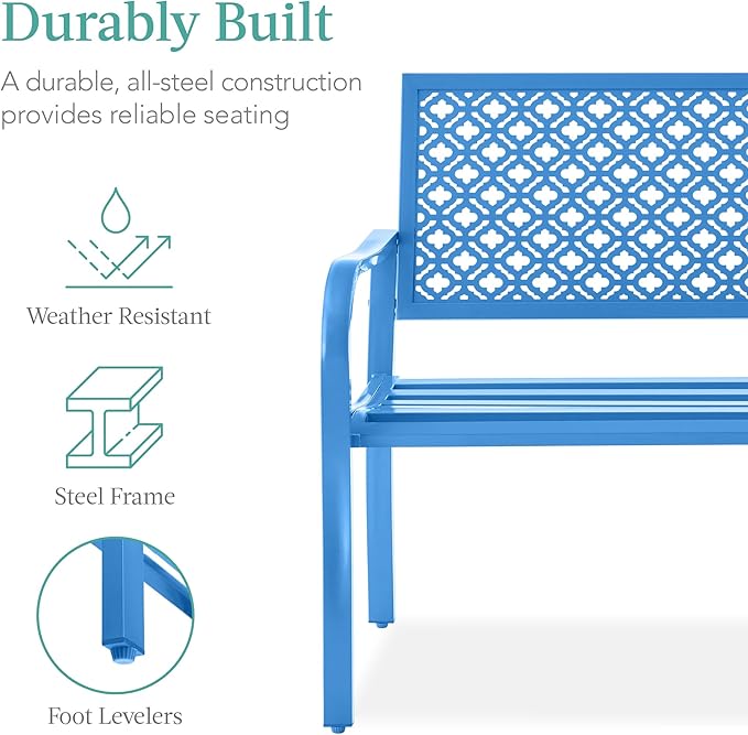 Best Choice Products Outdoor Bench 2-Person Metal Steel Benches Furniture for Garden, Patio, Porch, Entryway w/Geometric Backrest, 790lb Capacity - Ocean Blue