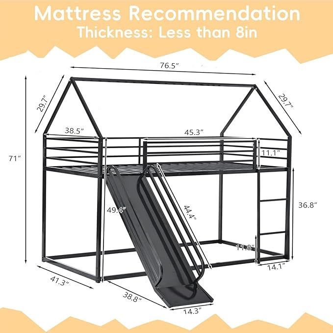Bunk Bed with Slide for Kids,Bunk Bed Twin Over Twin, Metal Junior House Low Bunk Bed, Toddler Floor Bunk Beds Frame with Guardrail for Kids, Convertible Slide and Ladder Noise Free(New Black)