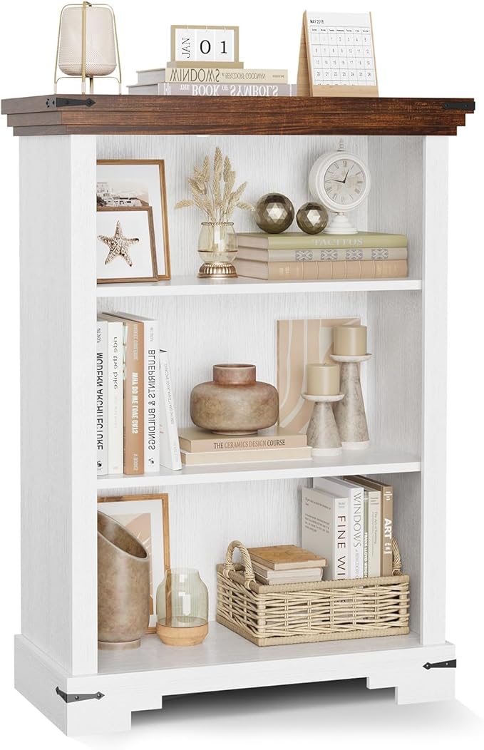 3-Tier Farmhouse Bookshelf, Book Shelf with Open Storage & One Adjustable Shelf, 9.8" D x 26" W x 38" H, Wooden Bookshelf for Study Room, Living Room, Kitchen, Bedroom (White)