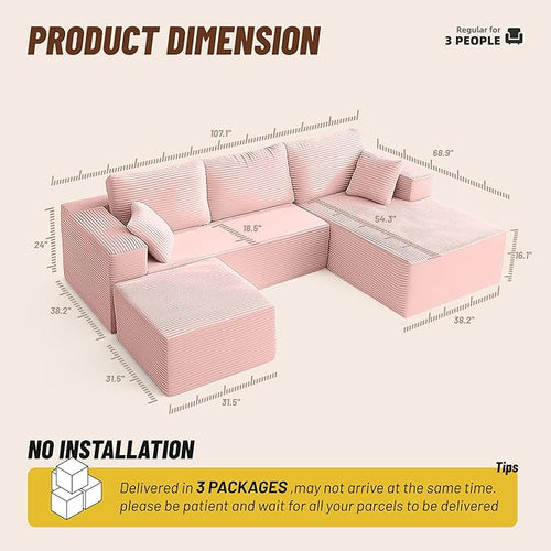 107" Boneless Couch with Deep Seat, Modular Sectional Sofa, Cloud Sectional Couch for Living Room, No Assembly Required, Corduroy, U-Shape 3 Seater Right, Pink