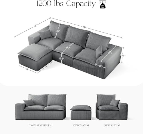 107" Comfy Cloud Couch with L-Shape Chaise & Deep Seat, Modular Sectional Sofa in a Box, Boneless Upholstered Couches for Living Room, No Assembly Required (Soft Corduroy, Gray)