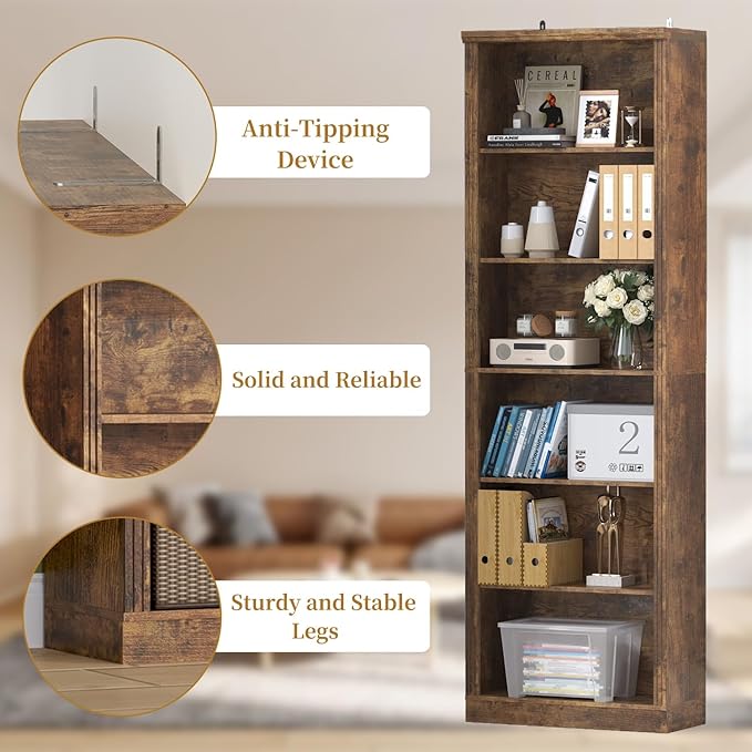 75" Tall Bookshelf & Bookcase Set of 2, 6-Tier Adjustable Storage Shelves, Book Shelf with Anti-Tipping Device, Floor Standing Modern Display Rack for Living Room, Bedroom, Office, Brown