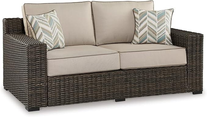 Signature Design by Ashley Coastline Bay Casual Weather Resistant Outdoor Loveseat with Cushion and 2 Throw Pillows, Nuvella Weather Resistant Fabric, Beige & Dark Brown