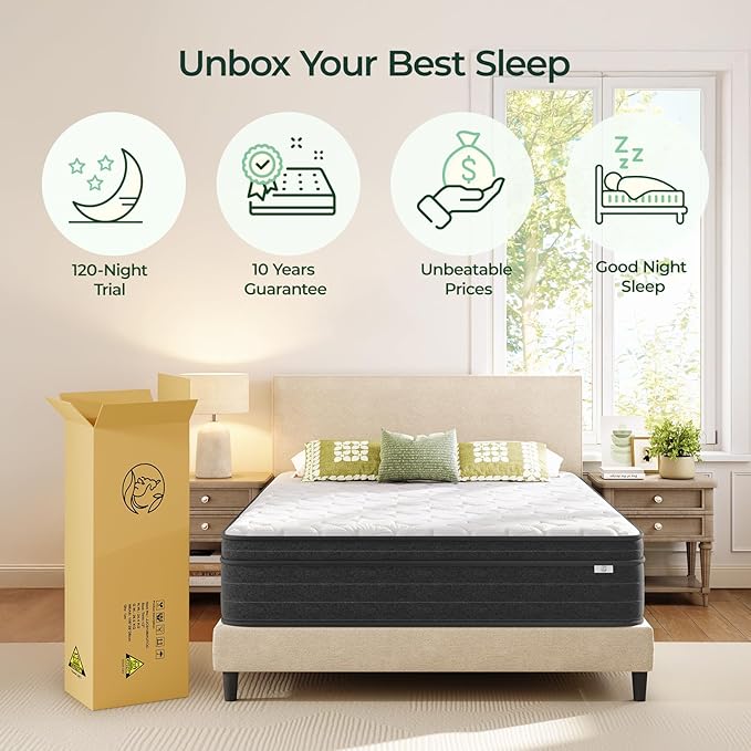 koorlian Queen Size Mattress 12 Inch - Cooling Hybrid Mattress in a Box for Back Pain Relief - Pocket Spring & Memory Foam | Fiberglass-Free, Medium Firm Feel, CertiPUR-US, 120 Nights Trial