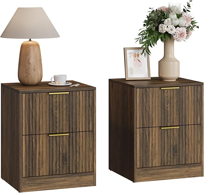 3-Piece Modern Bedroom Furniture Set, Wide 7-Drawer Dresser & 2-Drawer Nightstands Set of 2, Natural Wood Dresser and Nightstand Sets for Bedroom, Hallway, Walnut