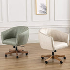 Green Faux Leather Home Office Desk Chair, Upholstered Barrel Swivel Adjustable Arm Desk Chair with Nailheads, Comfy Mid-Back Study Chair with Silent Wheel for Study Office Computer