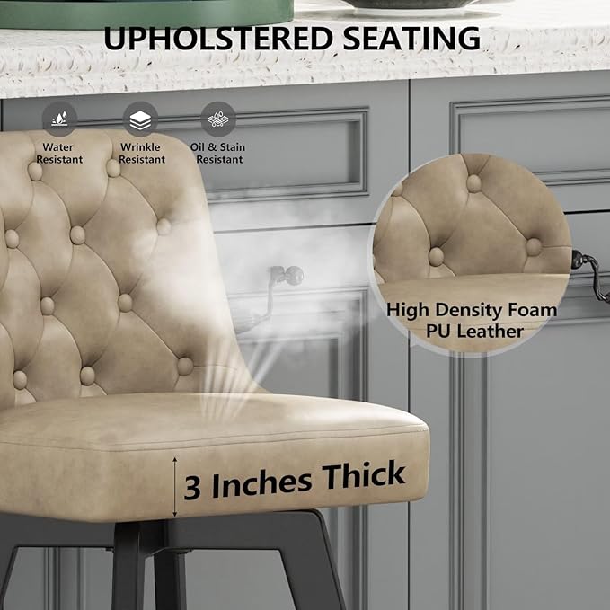 MINCETA Bar Stools Set of 4, PU Leather Barstools, 26 Inch Upholstered Counter Stools with Low Tufted Back and Footrest, Swivel Counter Height Barstools for Kitchen Island Home Bar Khaki