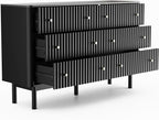 RECCI Fluted 6 Drawers Dresser for Bedroom, 54" Wide Chest of Drawers with 3D Fluted Panel, Faux Marble Top, Solid Wood Legs, Storage Drawers, TV Stand, Closet Chests for Bedroom, Black
