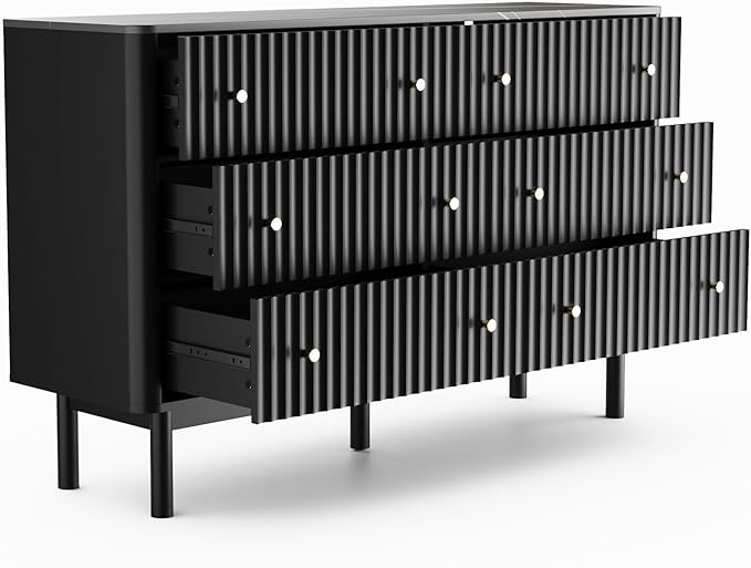 RECCI Fluted 6 Drawers Dresser for Bedroom, 54" Wide Chest of Drawers with 3D Fluted Panel, Faux Marble Top, Solid Wood Legs, Storage Drawers, TV Stand, Closet Chests for Bedroom, Black