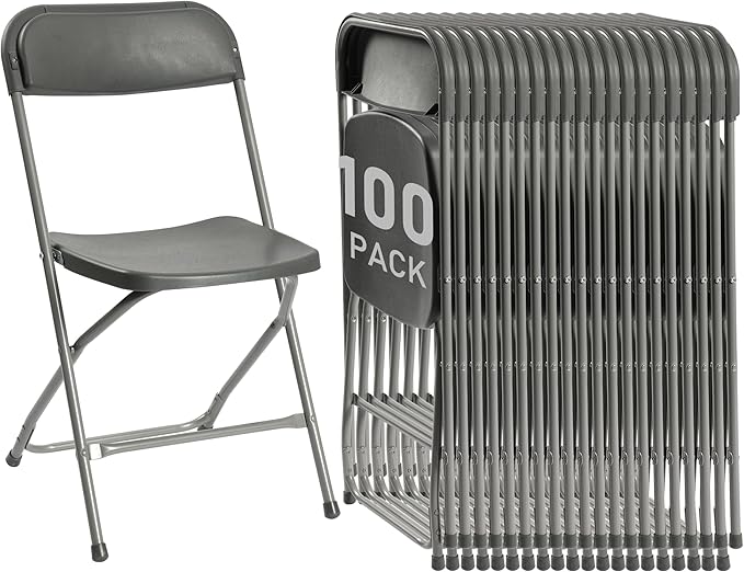 100 Pack Plastic Folding Chairs, Portable Party Chairs, Stackable Commercial Seats with Steel Frame for Home Office Wedding Party Indoor Outdoor Events Chairs, 350lbs Capacity,Gray