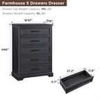 ACCOHOHO Farmhouse 5 Drawers Dresser Chests for Bedroom,46" Tall Wood Rustic Chest of Drawers with Wide Metal Handle,Natural Texture,Drawer Organizer for Bedroom,Living Room,Hallway and Entryway,Black