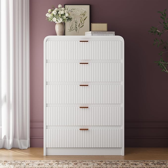 FURSUN Fluted 5 Drawers Dresser for Bedroom, 48" Tall Wooden Modern Dresser with Metal Handle, Curved Profile Design, Storage Organizer for Bedroom, Hallway (White)