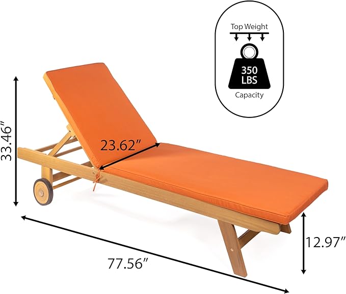 JONATHAN Y LNG1000C Mallorca 77.56"x23.62" Modern Classic Adjustable Acacia Wood Chaise Outdoor Lounge Chair with Cushion & Wheels Coastal, Bohemian, Minimalist, Traditional, Orange/Natural