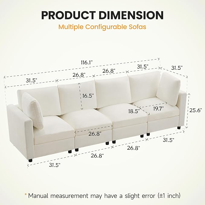 4-Seater Modular Sectional Cloud Sofa, Straight-Line Couches for Living Room, Modern Upholstered Deep Seat Sofa, Chenille Beige