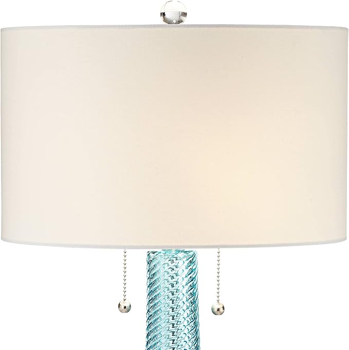 Possini Euro Design Miriam Modern Table Lamps 28.5" Tall Set of 2 Light Sky Blue Fluted Glass with Swirl Pattern White Drum Shade for Living Room Bedroom Bedside Nightstand Office Family