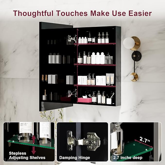 Black Medicine Cabinet Mirror, 17x30 Inch Bathroom Mirror with Storage and Adjustable Shelves, Recessed or Surface Wall Mount Medicine Cabinets for Bathroom,Tempered Glass