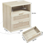LEYAOYAO Rattan Nightstands Set of 2 with Charger Station, 23" Wide Boho Night Stand with 2 Drawers, Grey White Bedside Table Open Shlef, Bed Side End Table Dresser for Bedroom, Living Room Hallway
