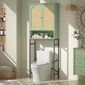 Rattan Toilet Storage Cabinet, Over The Rack Wood Cabinet with Metal Stand, Bathroom Organizer with Adjustable Shelf, Space Saving Cupboard for Small Bathrooms, Washer Shelf, Green
